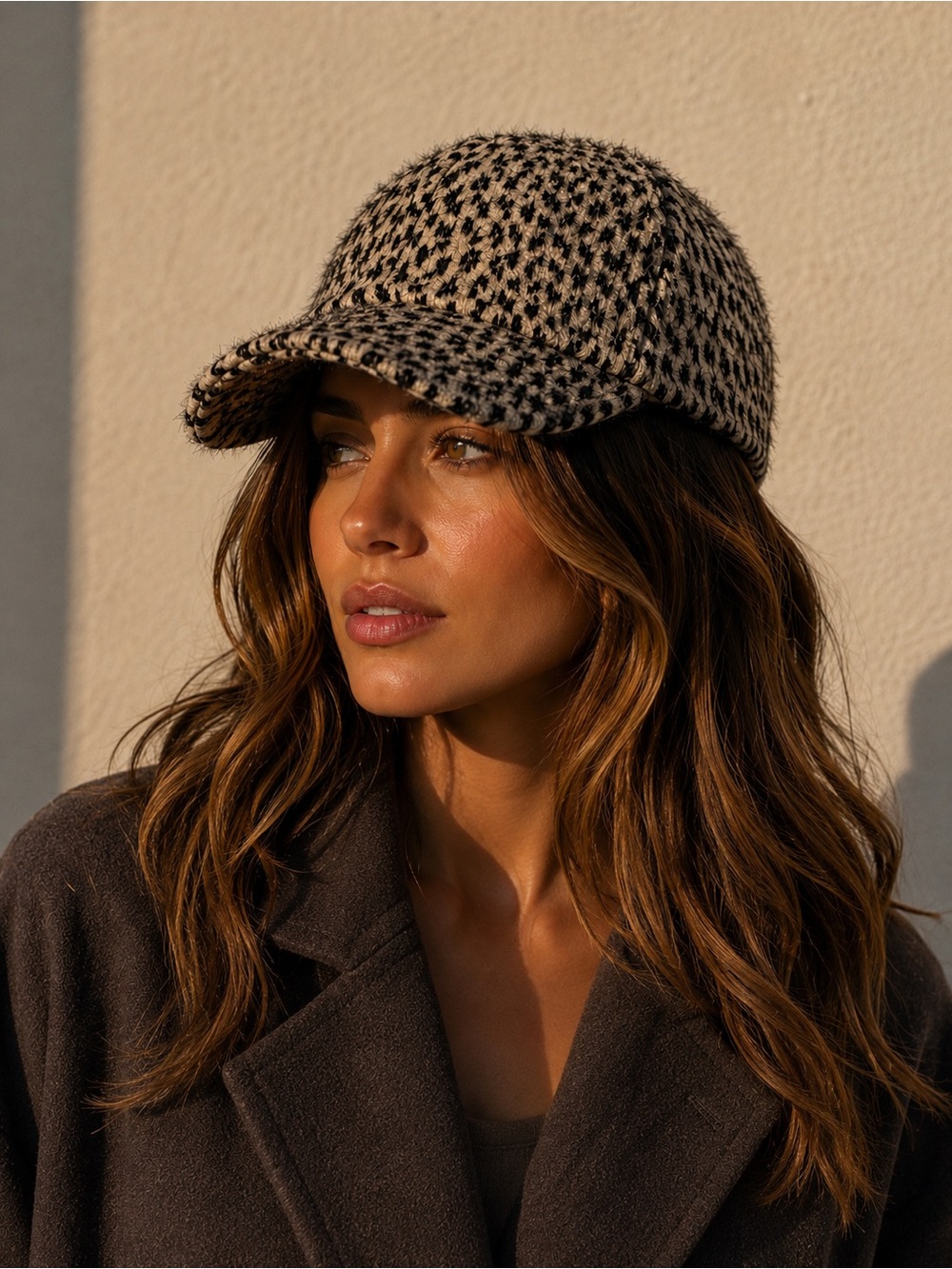 Anthropologie Black & Ivory Textured Houndstooth Baseball Cap